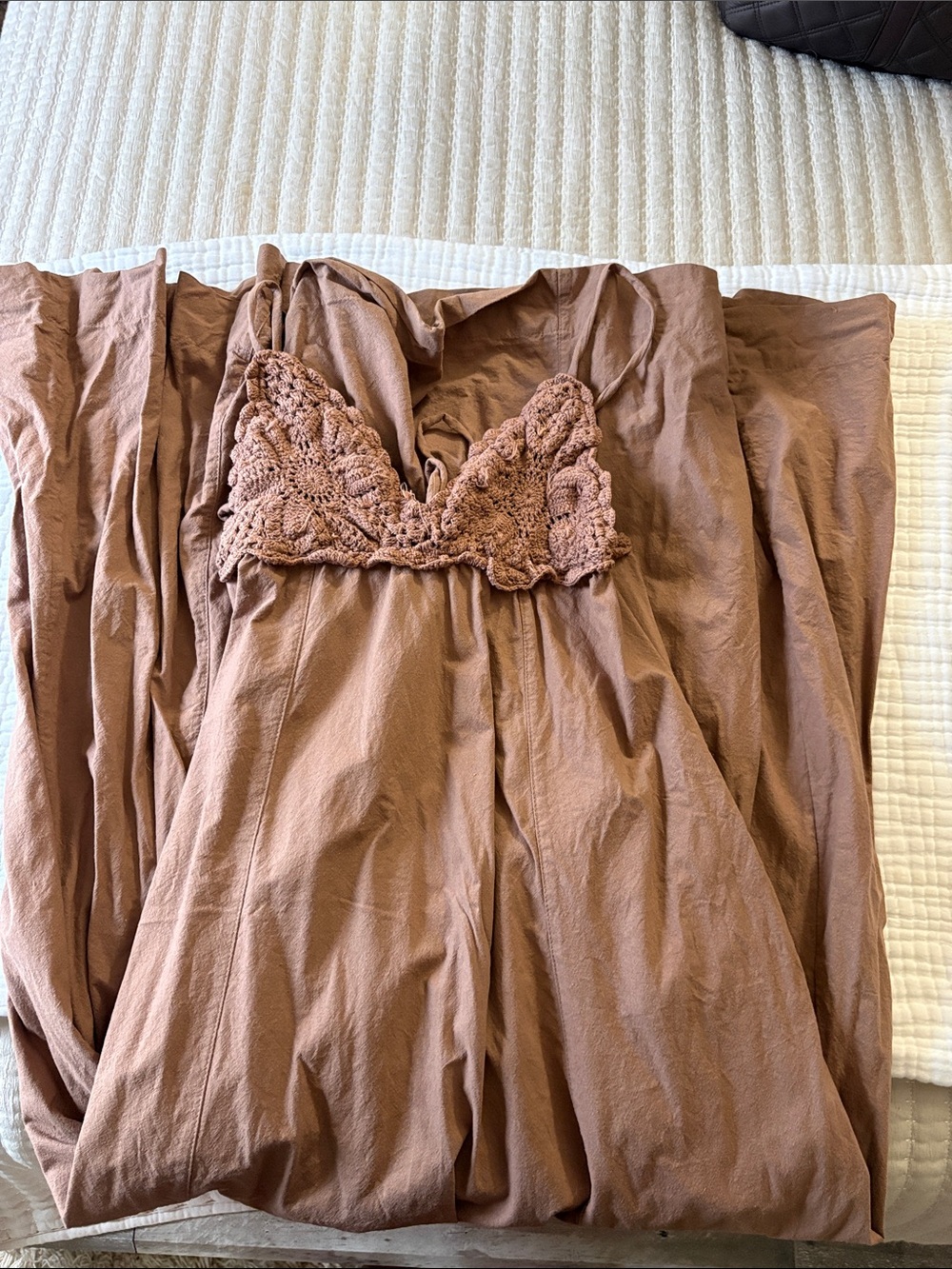 Free People Crochet-Trim Brown Chemise in Warm Taupe